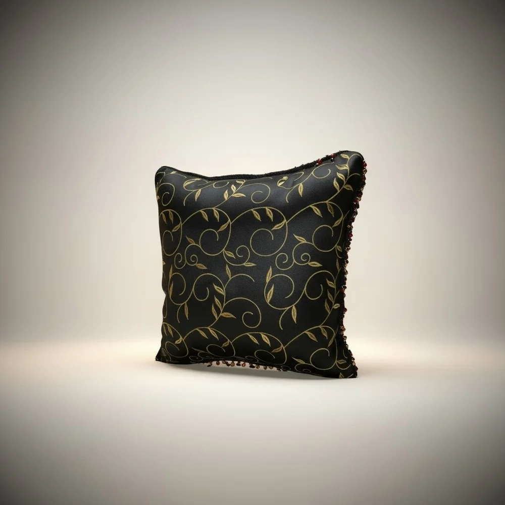 EUC Vintage Regal Noir Gold Embroidered Silk Beaded Accent Pillow